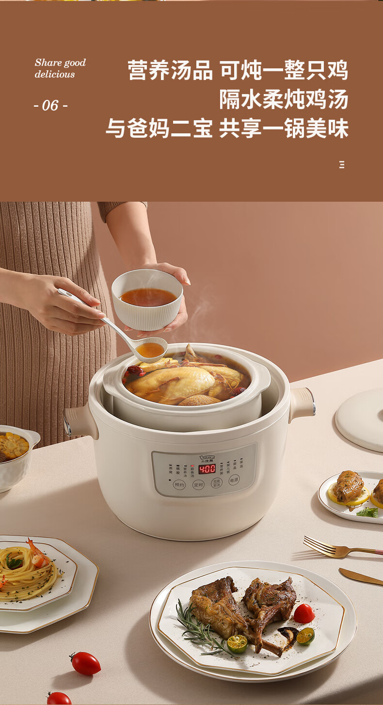 小浣熊电炖锅电炖盅隔水炖燕窝炖盅家用煲汤锅炖汤锅煮粥锅d303l白色