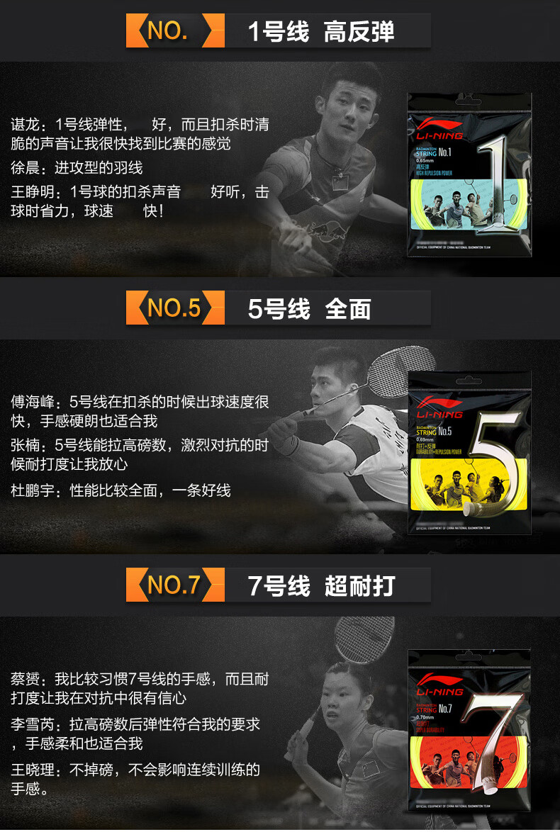 李宁lining羽毛球线强反弹1号 全能5号 耐久7号线比赛款羽线 【5号线