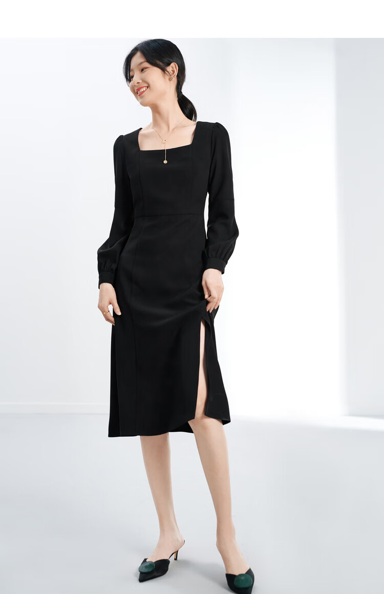 【专营店正品】气质方领灯笼袖开叉连衣裙2021春款女装a字中裙小黑裙