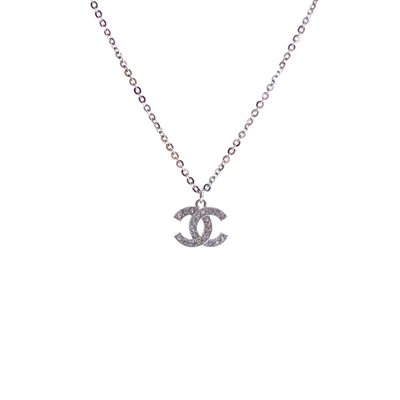 chanel香奈儿项链女项链时尚银色双c镶嵌水钻项链预售