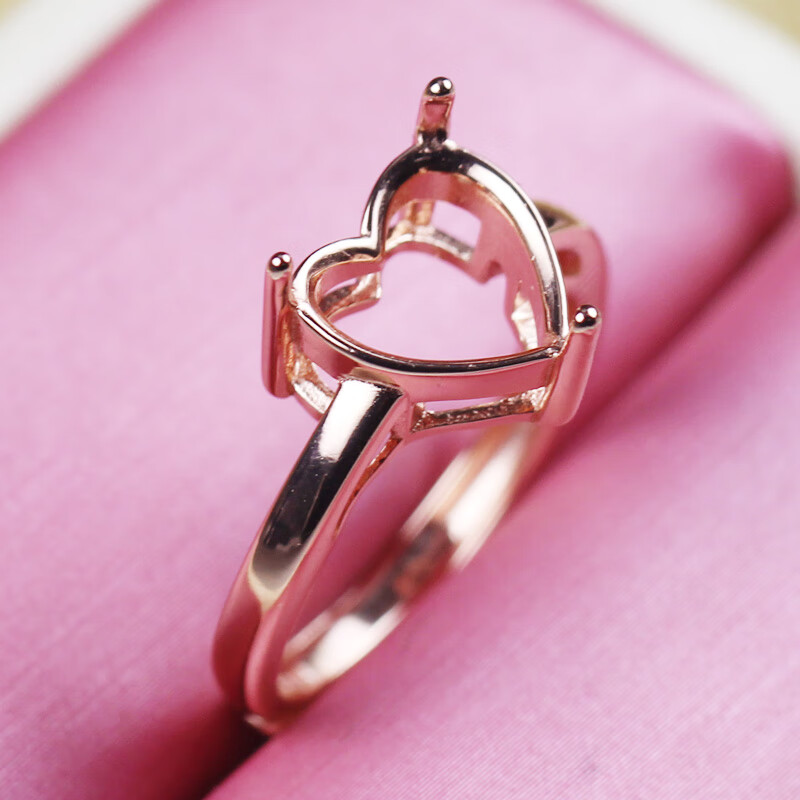 心形戒托925银女士简约diy镶嵌爱心宝石空托活口戒指托白金色7x7mm