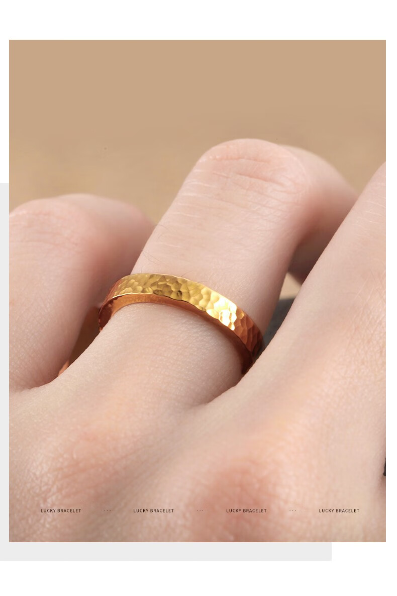 999足金古法锤纹指环纯金实心素圈男生士新款女情侣戒指黄金一对 水贝