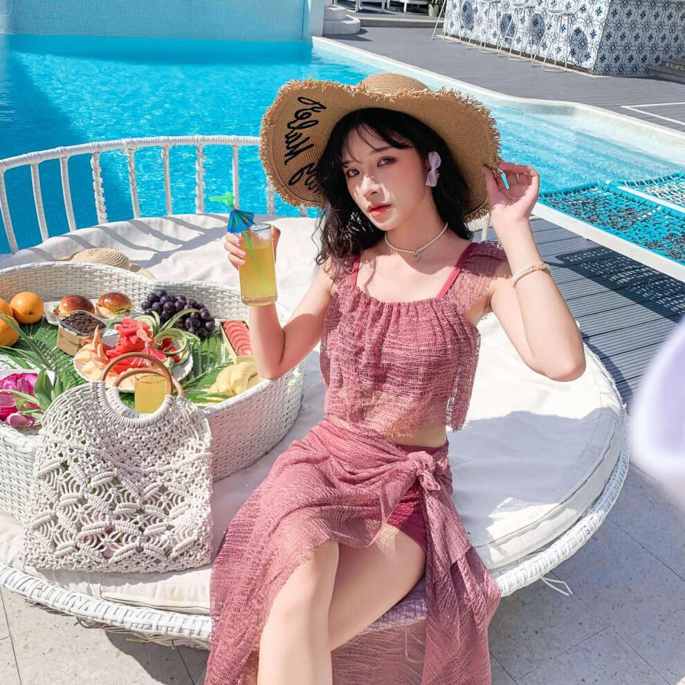 泳衣女分体性感显瘦遮肉ins仙比基尼三件套披肩温泉女泳装8227胭脂色s