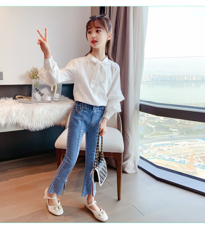 适合5-16岁女生穿的新款秋季裤子珍珠开叉牛仔喇叭裤儿童中大童春秋装