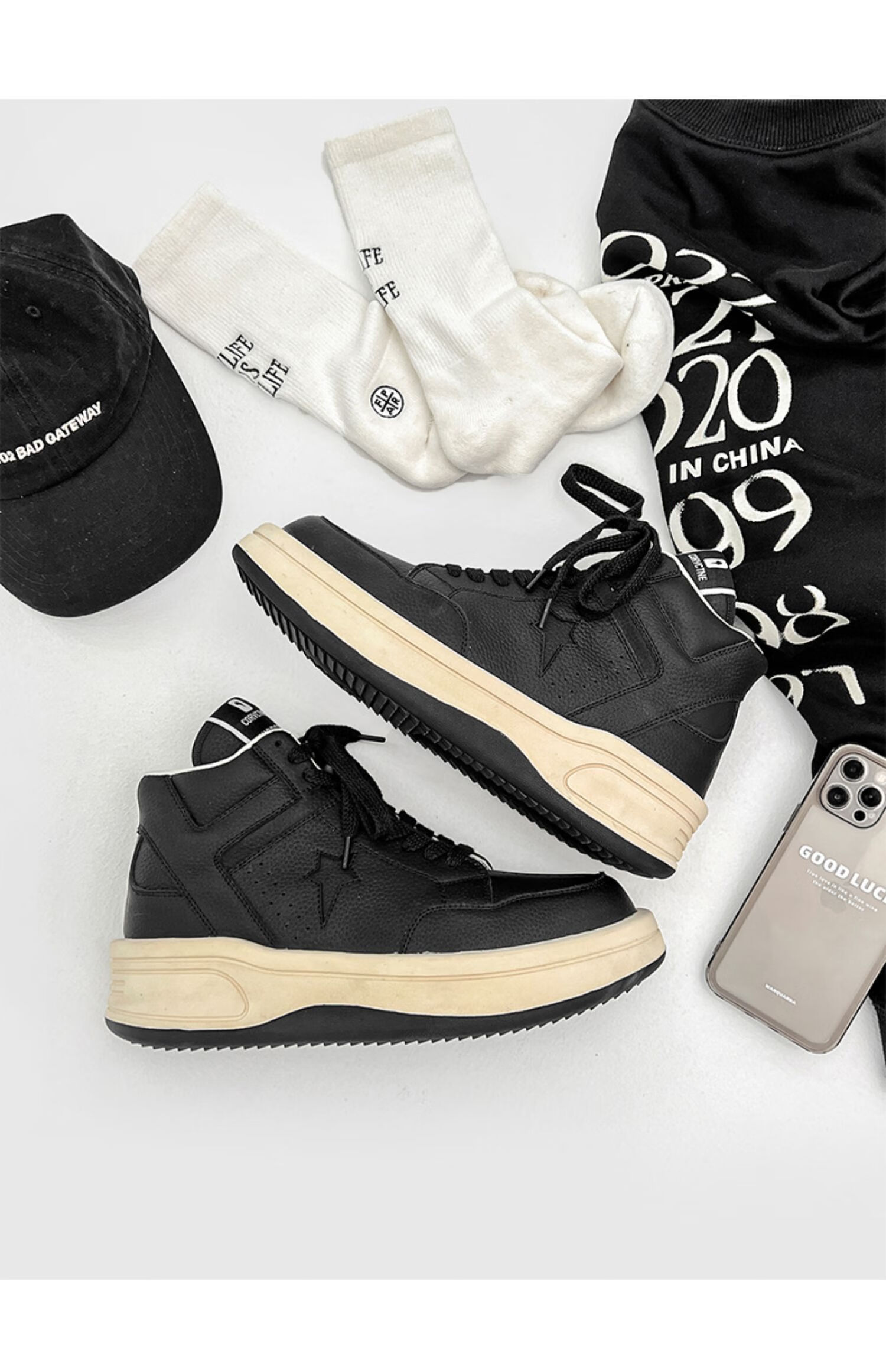 ro联名款高帮男鞋皮增高厚底运动休闲板鞋女小众感潮鞋 ro黑色 38