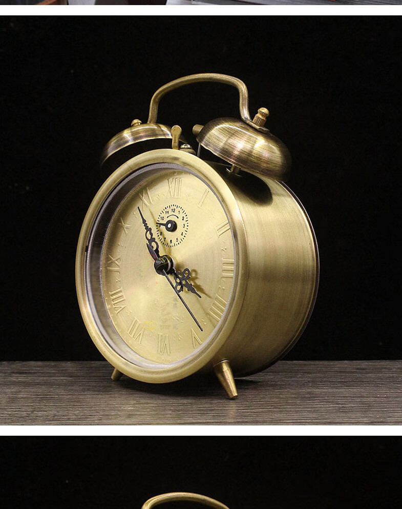 欣尔博惠机械闹钟上发条纯铜复古拉丝款老式机械发条闹钟上弦钟表风水