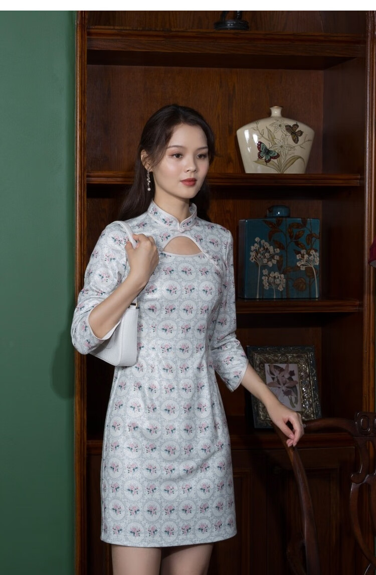 固执2020秋冬新品复古气质修身印花短款改良旗袍连衣裙 杏灰印花 165