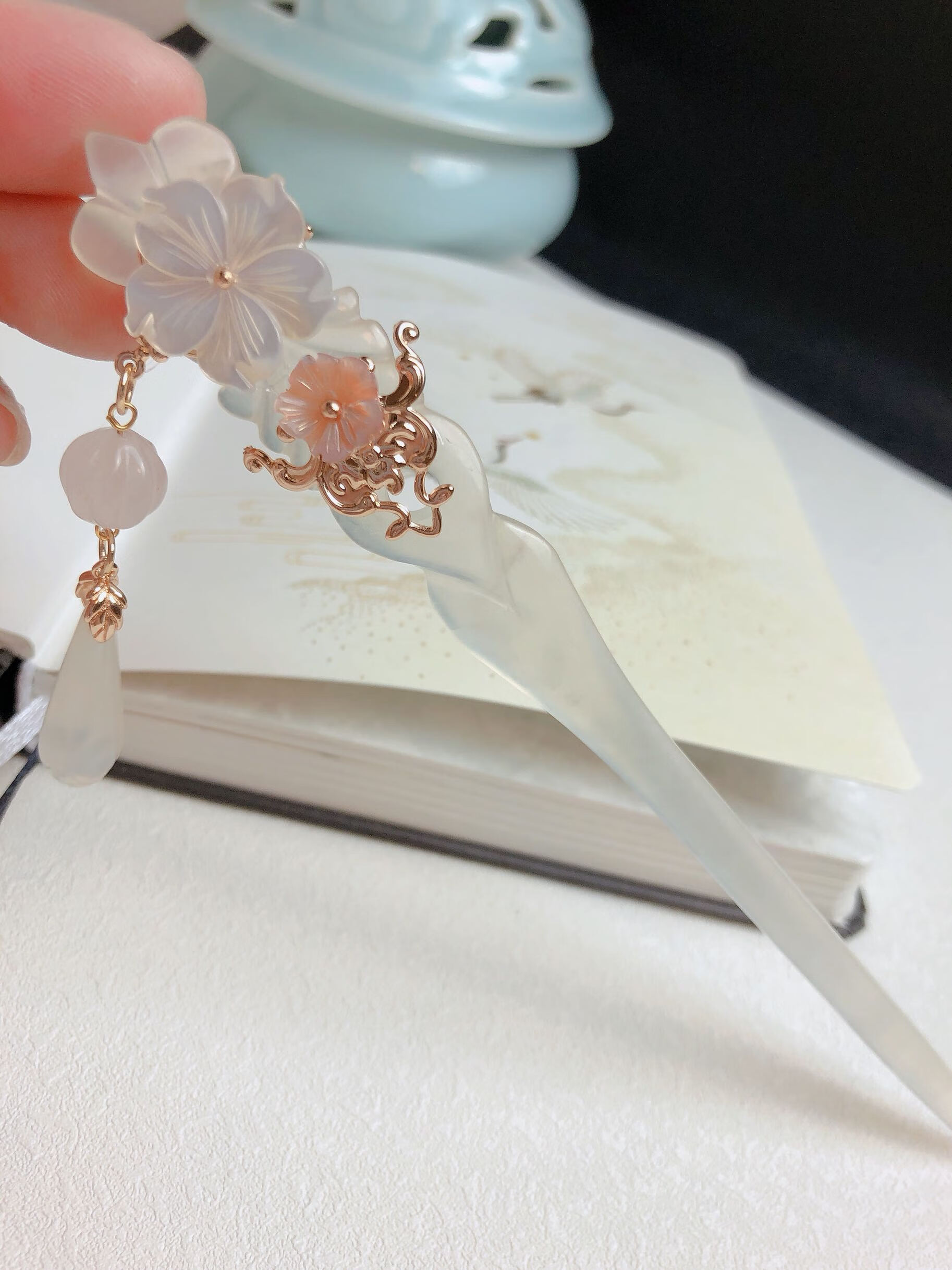 古风日常玉簪岫玉蝶贝汉服配饰仙气发簪气质头饰