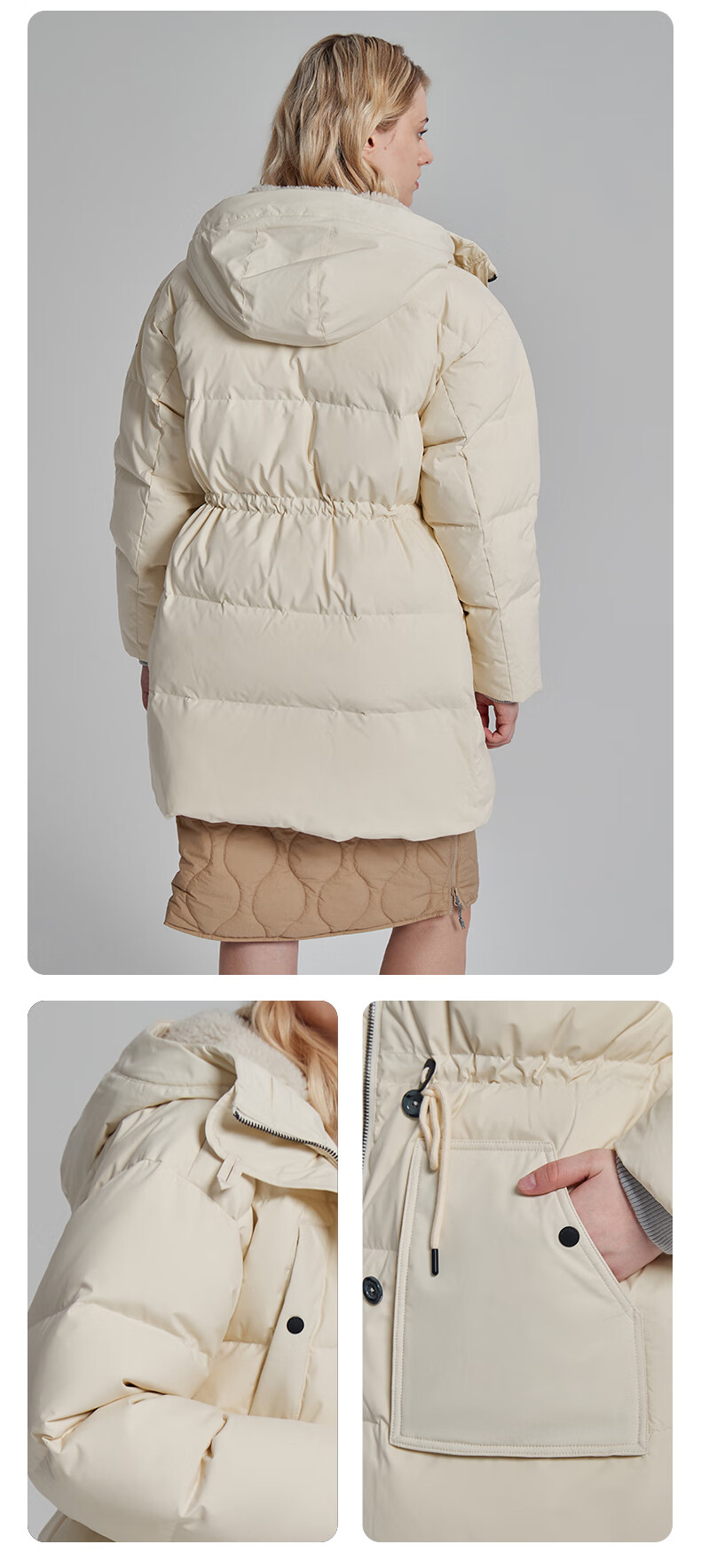 icepeak"极地自然"系列22新女连帽中长收腰鹅绒羽绒服白鹅绒填充 浅沙
