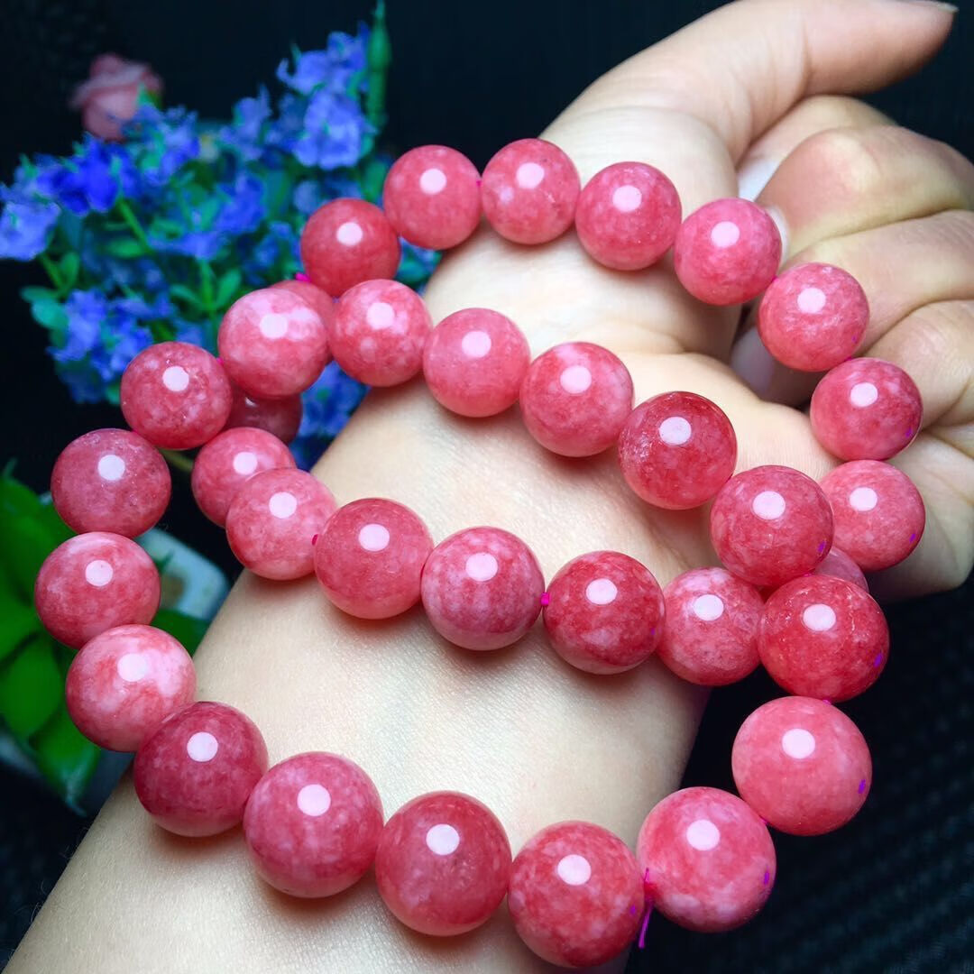红纹石单圈手链阿根廷红纹石粉嫩手串水晶时尚饰品红纹玉手链10mm标准