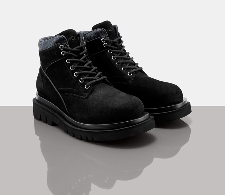 trendiano官方潮牌秋冬男鞋时尚简约百搭牛反绒高帮绑带休闲鞋男黑色