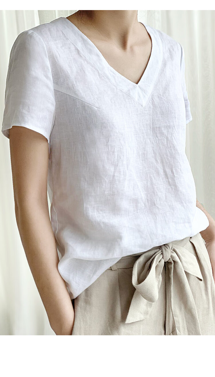 麻之语v领亚麻短袖t恤2022春夏季高端麻料上衣女宽松文艺气质棉麻体恤