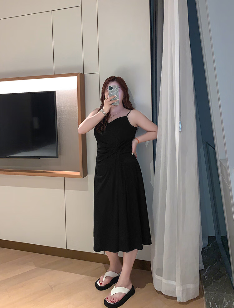 红蜻蜓胖佳佳大码吊带连衣裙女夏新款胖mm显瘦遮肚子性感v领长裙子