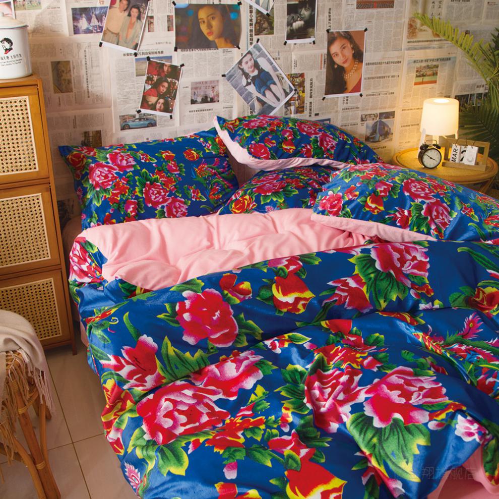 东北大花布四件套怀旧复古老式床单被套东北大花布四件套水晶绒加绒