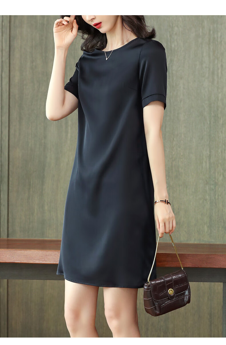 zxegi大码女装重磅高档杭州真丝连衣裙2020夏新款短袖宽松小个子黑色