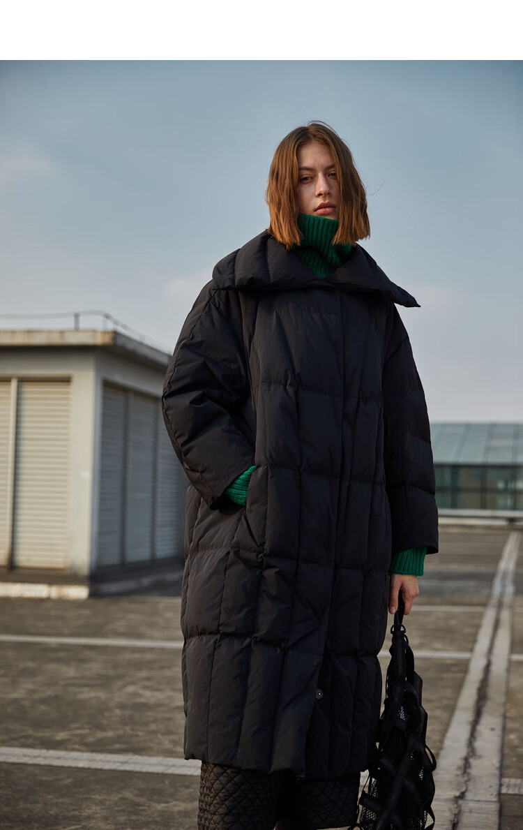 原创设计花树果宽松简约大廓形龟背羽绒服冬季保暖外套加厚岫黑l