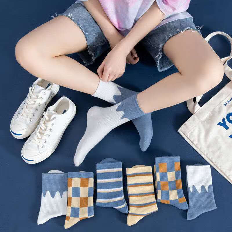 蓝白学生棉运动男女百搭中筒袜子 2蓝条纹 2卡其条纹 2蓝方格【图片