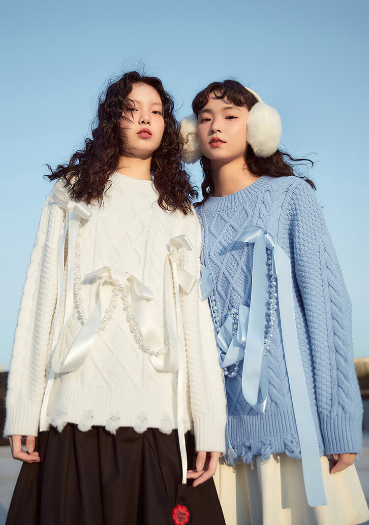 1212上新乐町蝴蝶结珍珠毛衣女2021冬季新款设计感针织衫黑色预售xs