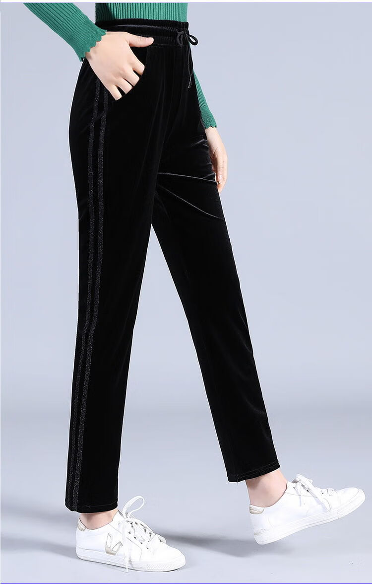 秋冬新款金丝绒女裤中老年女裤松紧腰宽松加绒加厚直筒裤妈妈裤子玫瑰