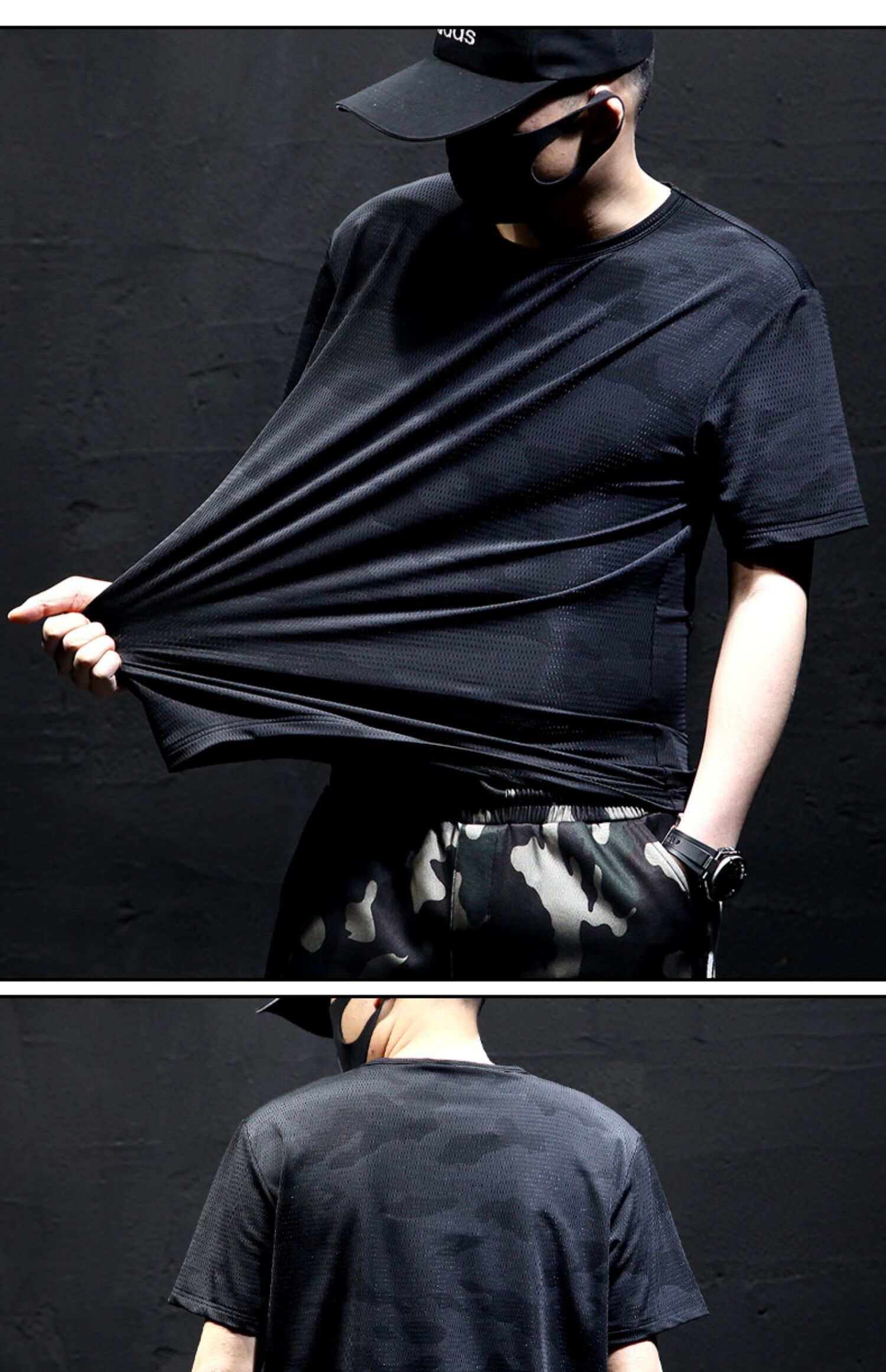 夏季冰丝网眼t恤男宽松速干运动迷彩短袖加肥加大码男士薄款上衣 黑色