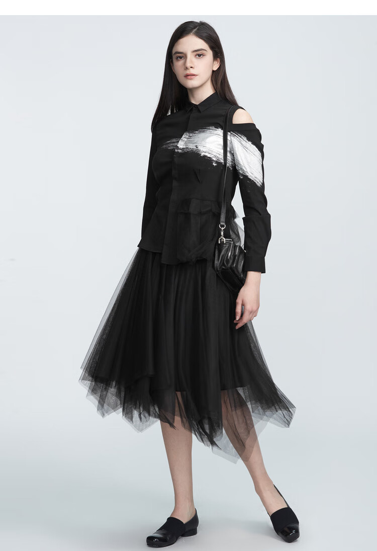 sdeer圣迪奥女装个性通勤字母网纱自然不规则拼接长裙s21181105黑色91