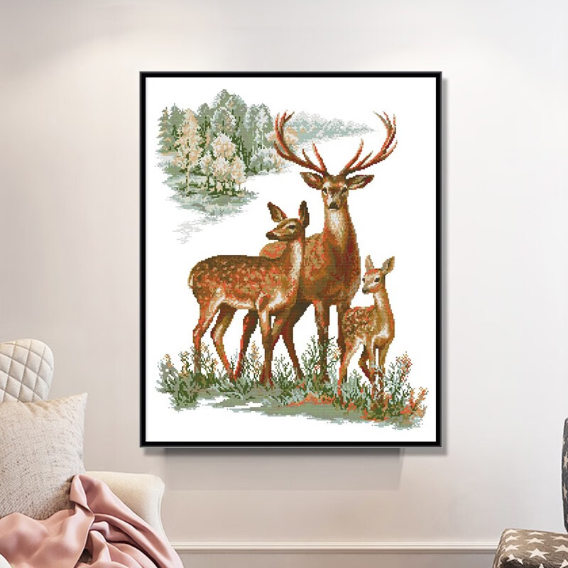 发财鹿十字绣2022年新款客厅梅花鹿一家欧式简约风格卧室床头挂画麋鹿