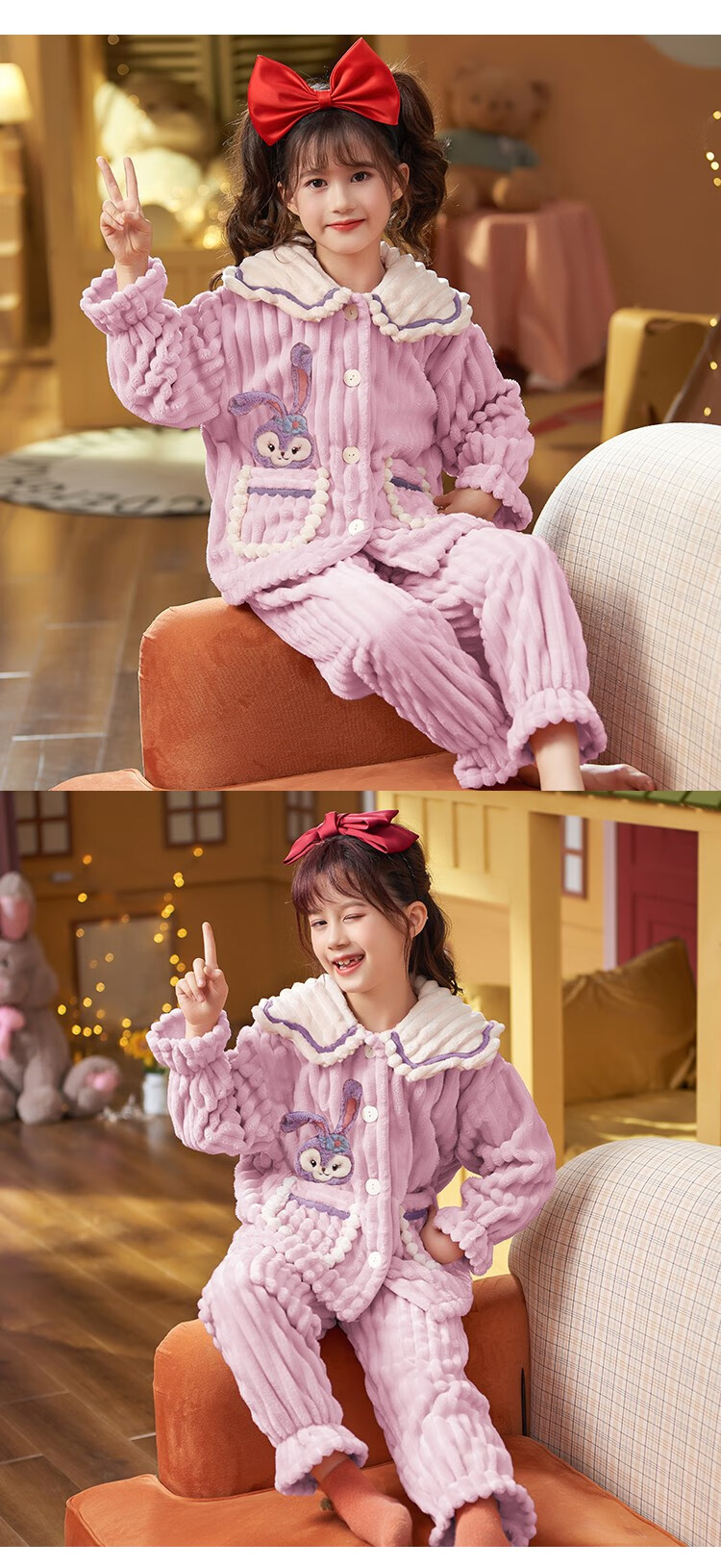 duck 小黄鸭女童睡衣儿童法兰绒秋冬季加厚女孩珊瑚绒长袖宝宝大童