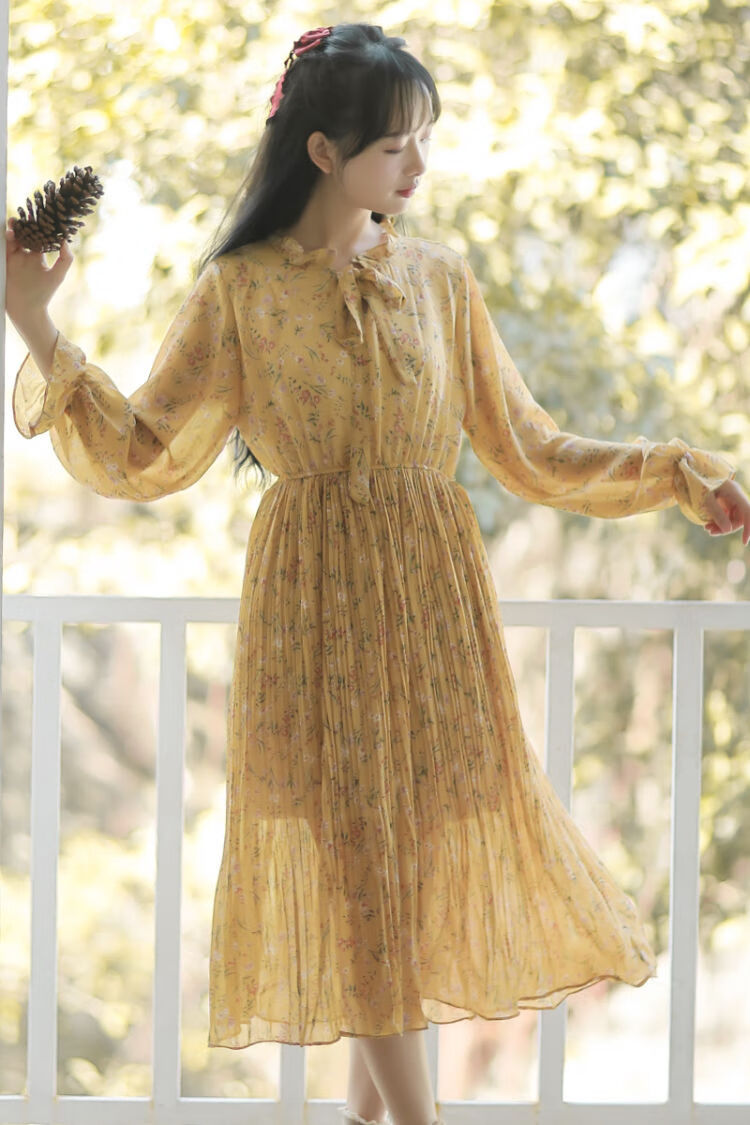 zaier现货秋冬温柔复古碎花连衣裙 黄色 m