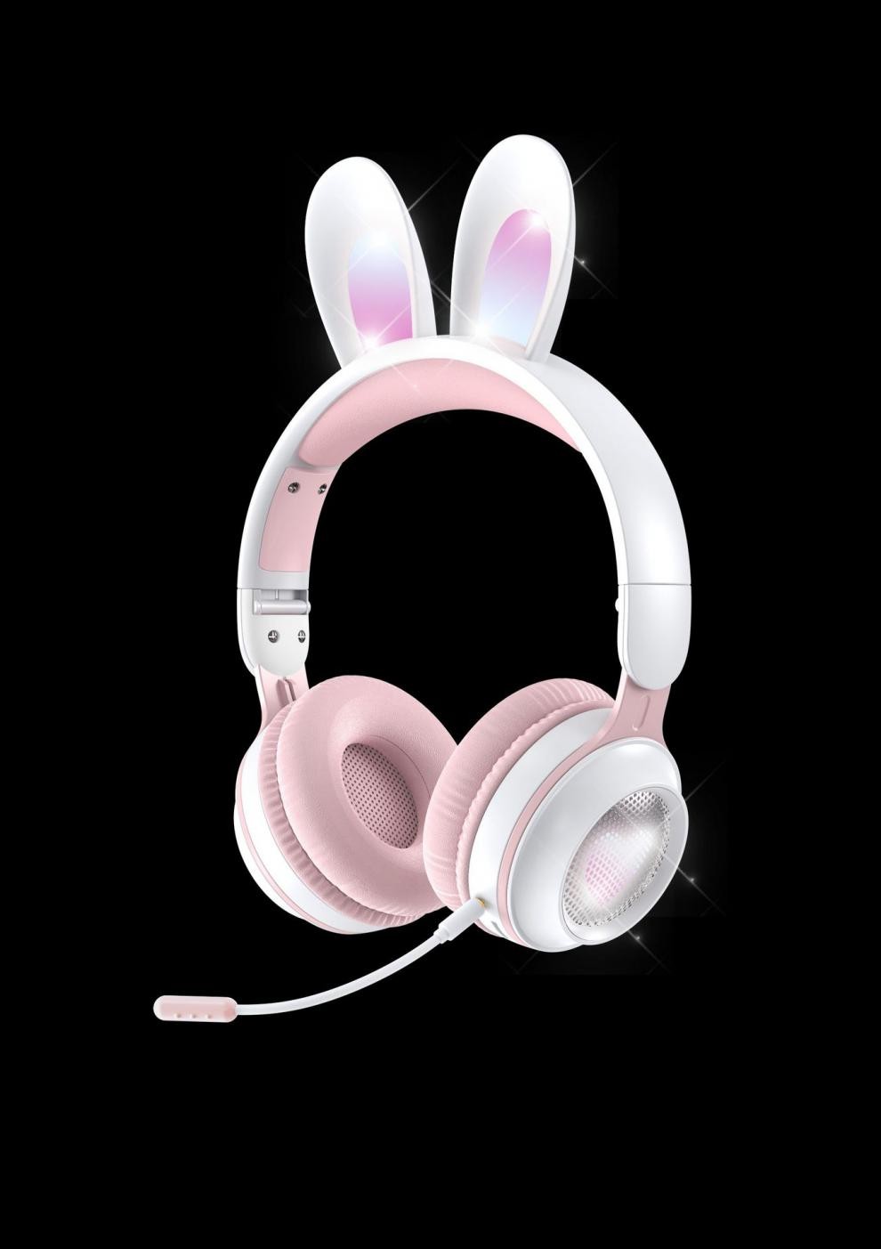 头戴式儿童耳机无线发光兔耳朵带长麦女生音乐牙耳机mdug粉纸盒包装
