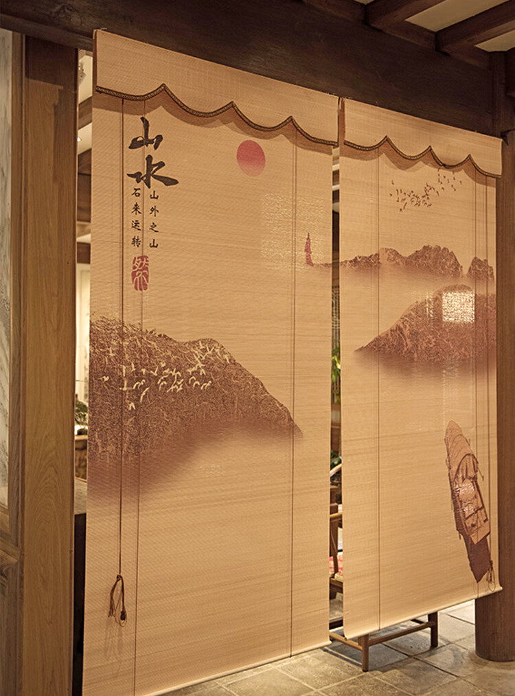 山水装饰画卷帘竹编窗帘山水画卷帘玄关背景装饰隔断帘客厅防晒帘子