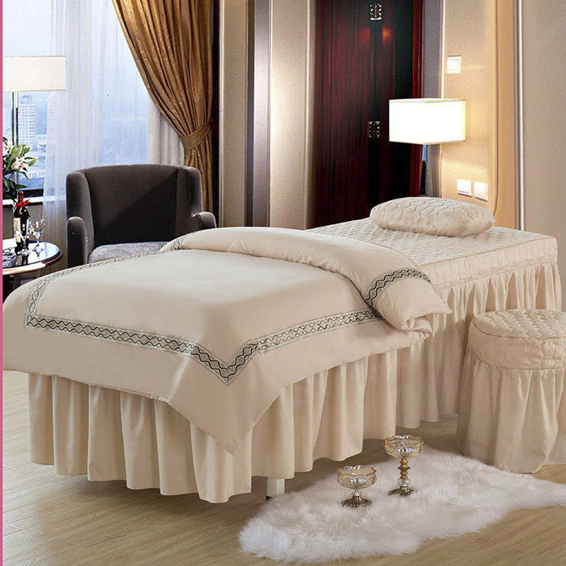 新品美容床罩四件套欧式简约按摩理疗床套床单夹加厚院被套定做豆绿