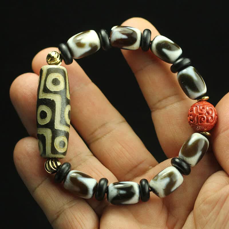 默奢西藏老天珠网红手串血龙纹九眼虎牙佛珠念手链胖九眼虎牙款