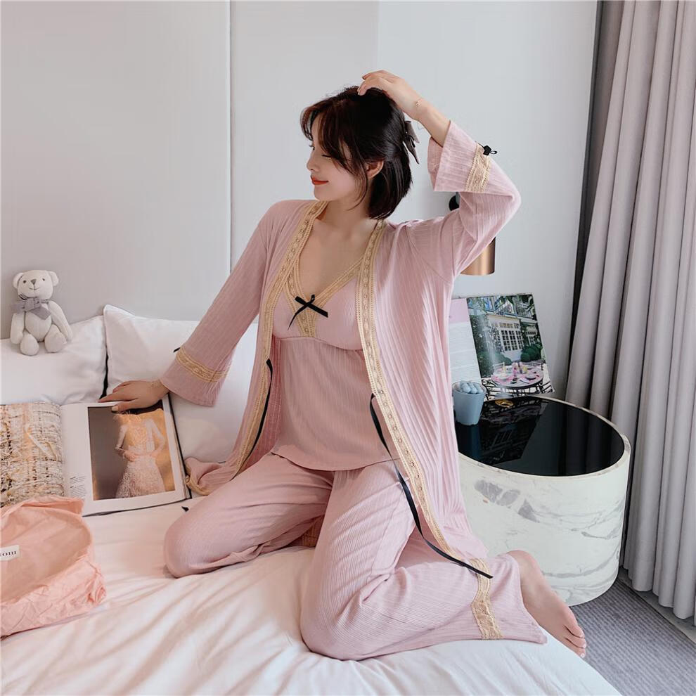 moxtoc睡衣女秋冬蕾丝性感吊带公主裙带胸垫三件套家居服可外穿 黑色