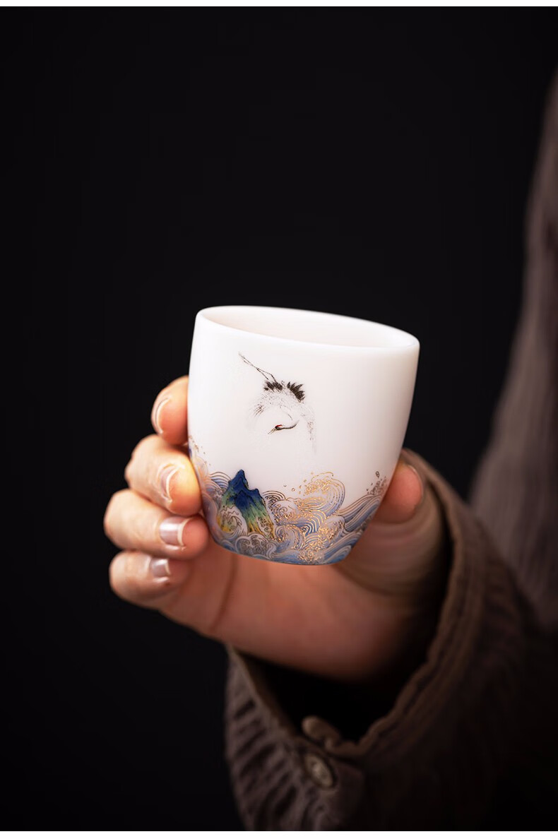 唐迹茶杯陶瓷羊脂玉主人杯个人品茗杯描金白瓷对杯礼盒装白瓷妙色清欢