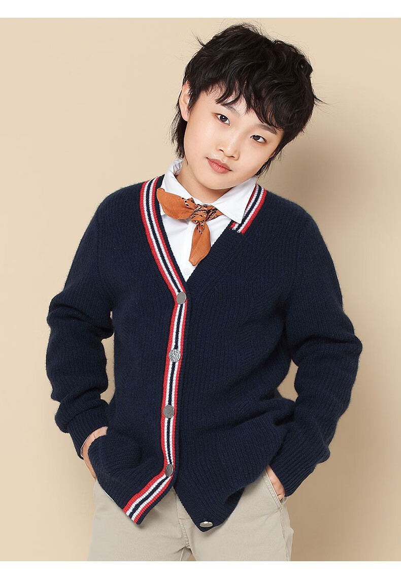 皮皮狗秋冬新品v领学院风童开衫儿童毛衣外套508藏青色140