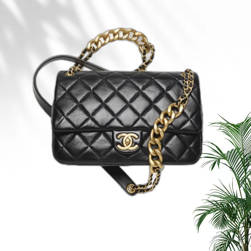 右丞象chanel香奈儿女士口盖包单肩包斜挎包黑色羊皮小号经典菱形格纹