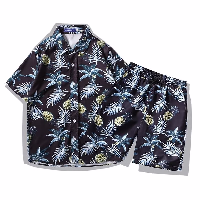 Casual Printed Shirt Men's Summer Beach Shorts Short-sleeved Two-piece Suit Loose Trend Handsome Hawaiian Vacation Shirt Men_viptrois.com