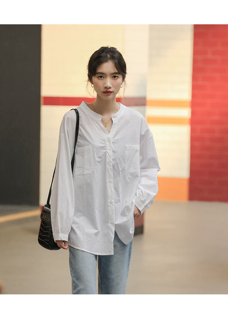 岚烨白色衬衫女春秋装新款韩版宽松纯色心机洋气长袖衬衣设计感外搭