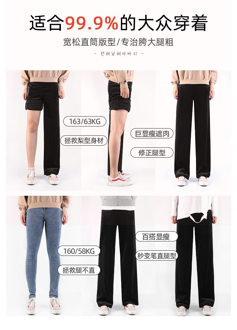88879-忻萦(XIN YING)金丝绒阔腿裤女秋冬高腰宽松坠垂感直筒黑色加绒裤子休闲拖地加厚 黑色(加绒加厚,免费退换) 均码(建议157cm-170cm,90-150斤)-详情图