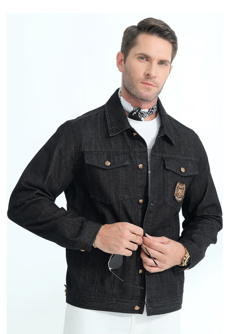 raidy boer/雷迪波尔男装时尚秋季刺绣虎头翻领宽松牛仔夹克3104 黑色