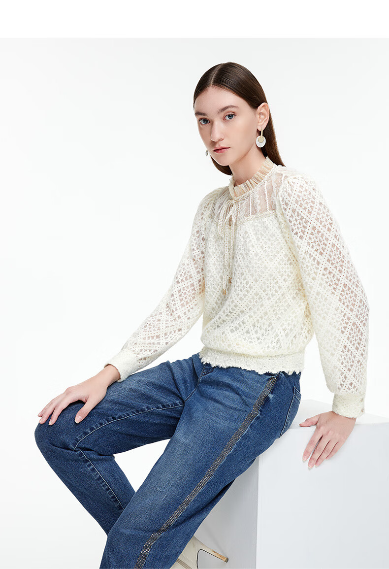 敦奴dunnu2021新款系带装饰舒适蕾丝长袖短款女上衣蕾丝衫 本白 l