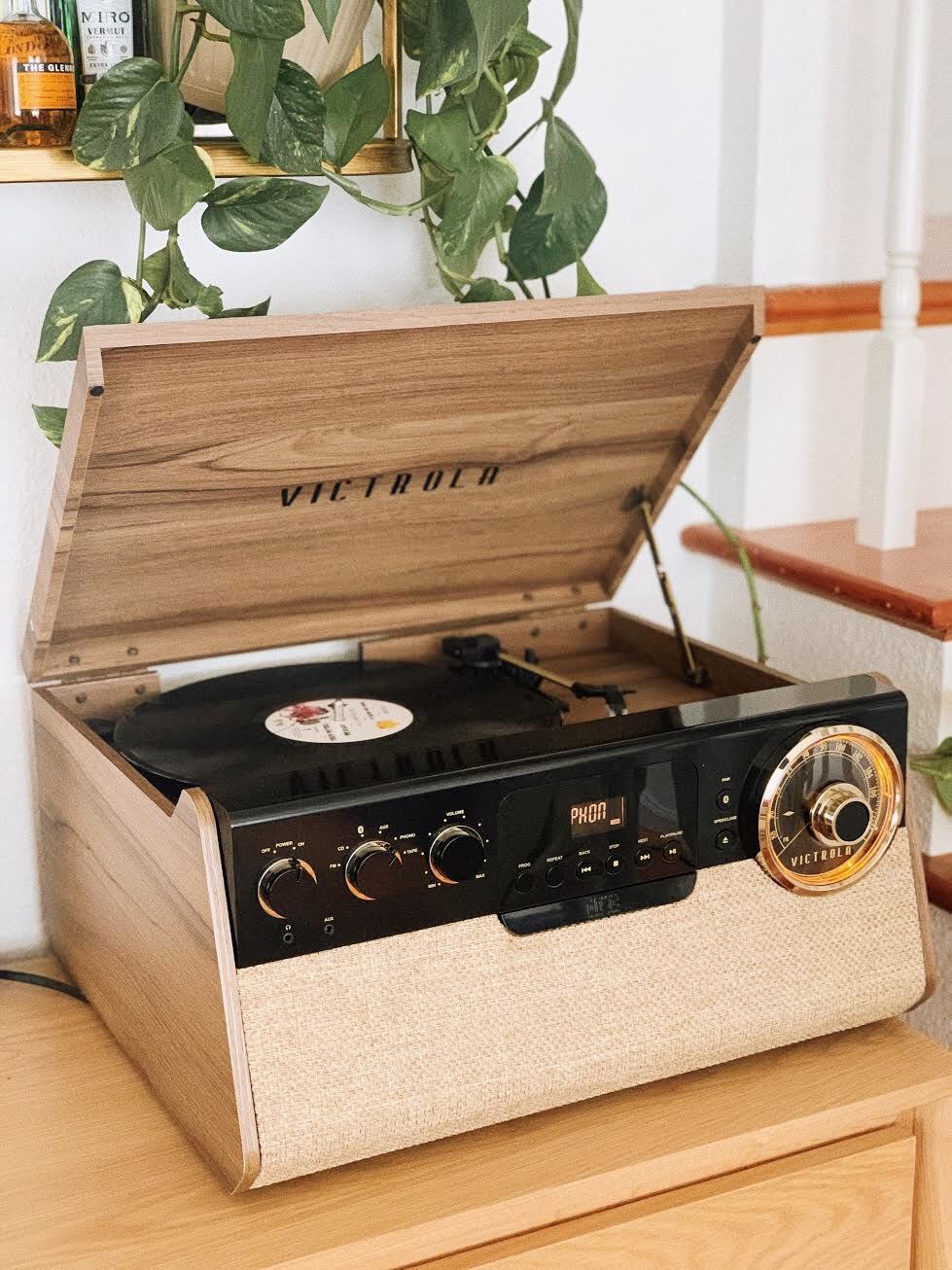 美国进口victrola黑胶唱片机复古留声机电唱机深胡桃色6合1带蓝牙电音