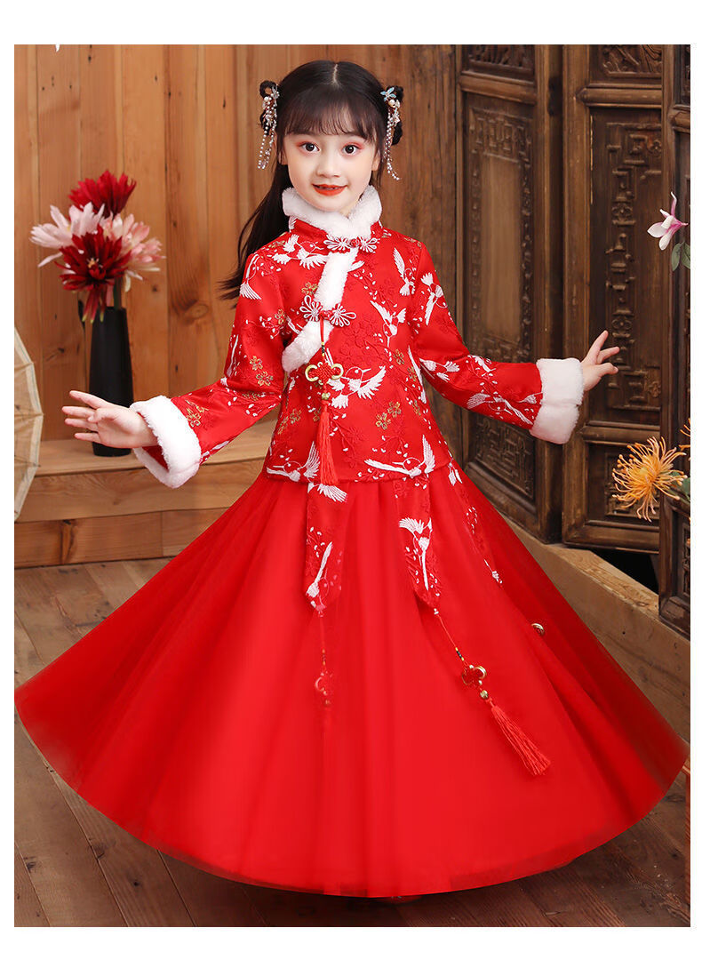 服套装仙女襦裙女孩子秋春学生中童唐装喜庆过年服加绒服 红色加绒款
