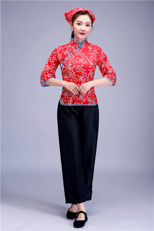 阿庆嫂碎花采茶女村姑衣服民族舞蹈乡村风古装农村戏服表演出服装红色