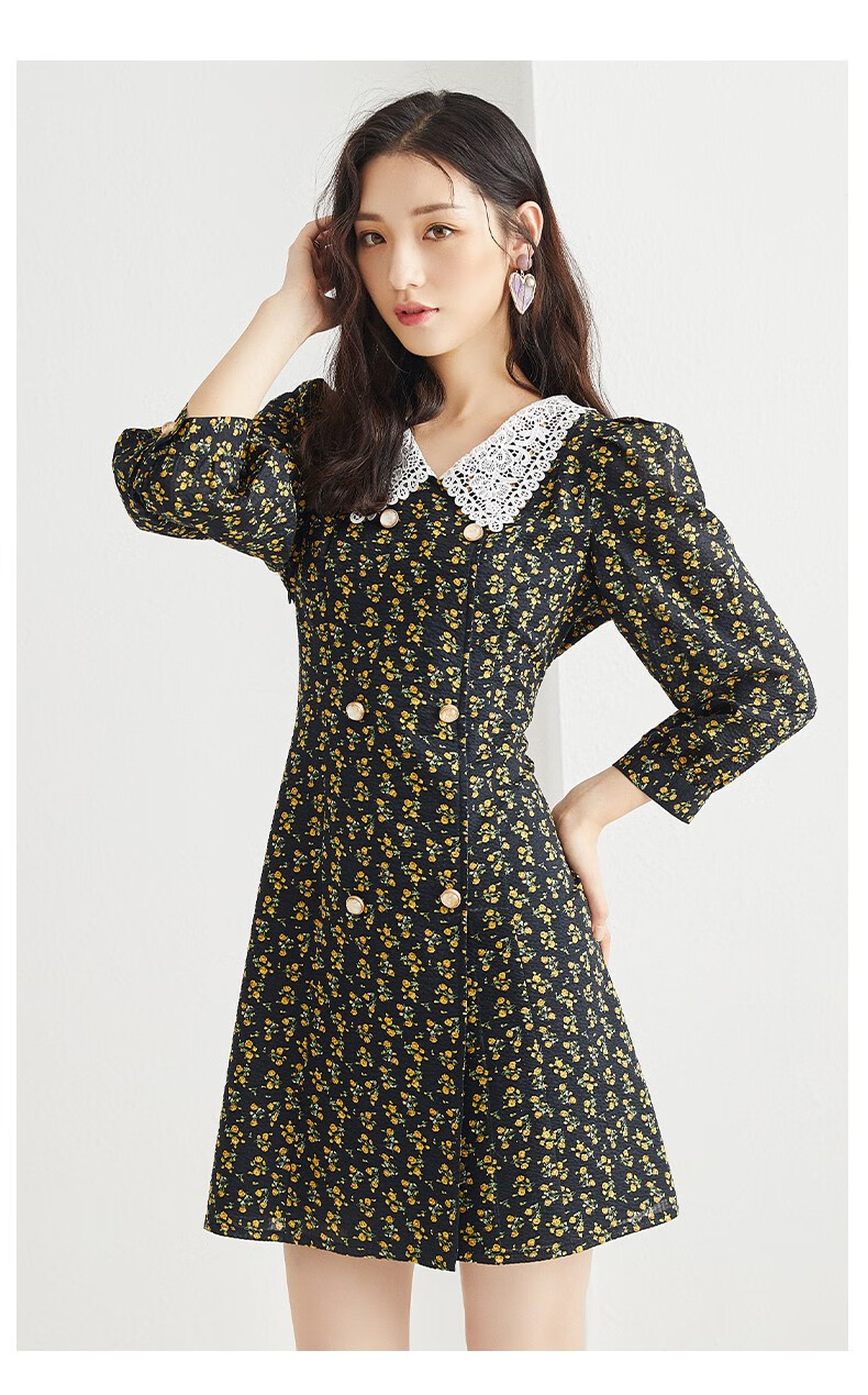 金苑女装连衣裙秋新款收腰小众泡泡袖碎花裙收腰复古甜美g203102黑色l