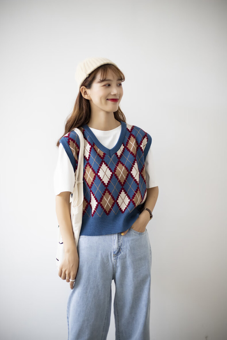 ⑧爱旗店依服复古外搭毛衣马夹网红潮流外穿毛线格子背心宽松短款针织