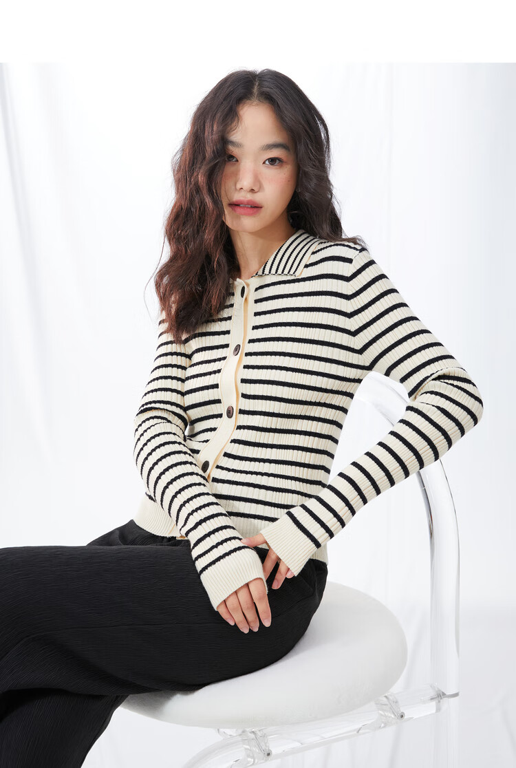 西遇长袖毛衣女2022年春季新款polo领小个子条纹上衣10120068黑白色m