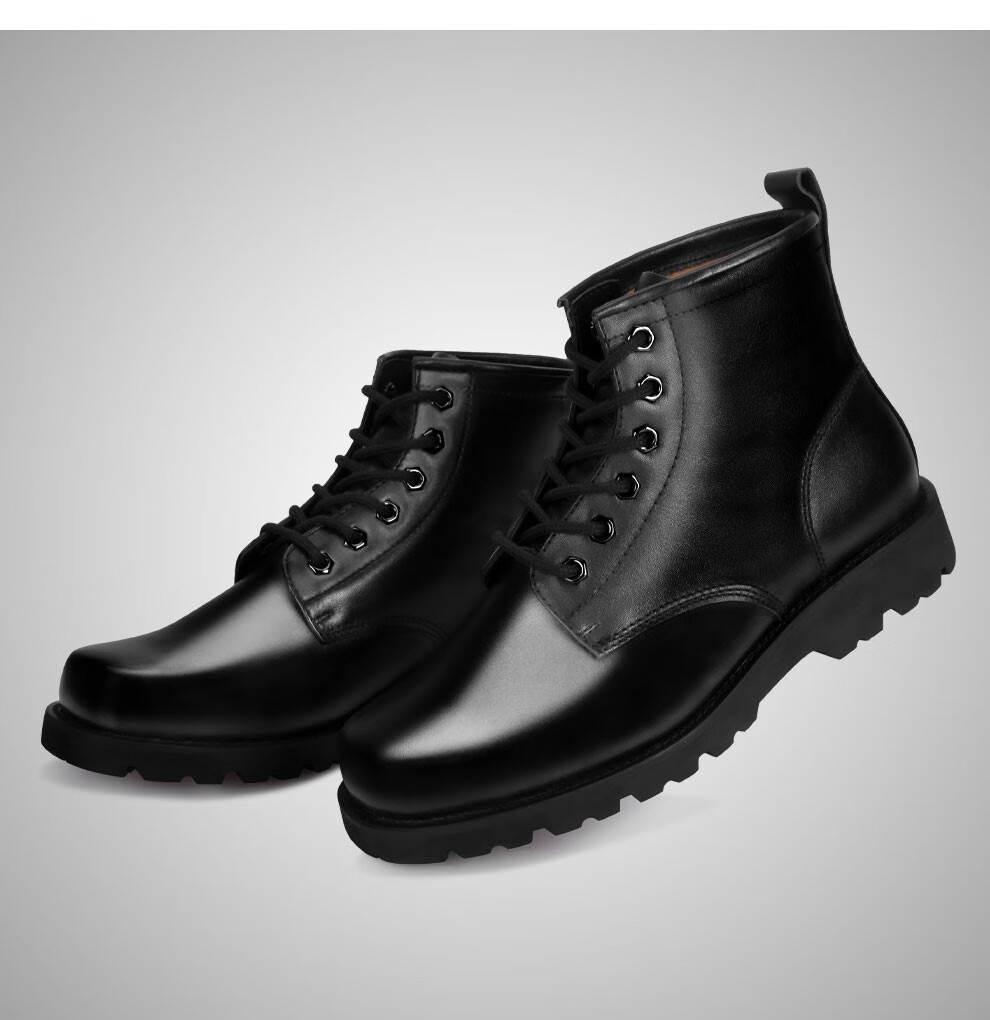 强人3515男士真皮军靴春秋中筒工装靴户外单靴高帮皮靴子定制品 黑色