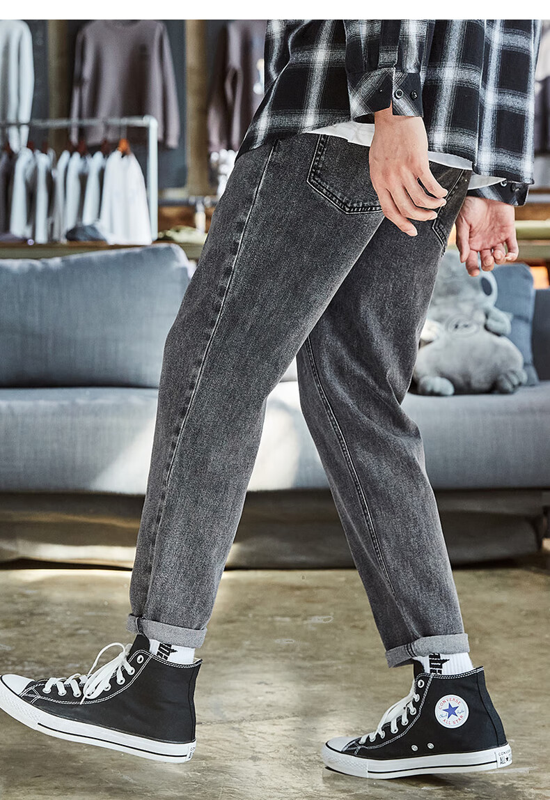 唐狮牛仔裤男2021秋冬新款宽松直筒长裤男士炭灰30