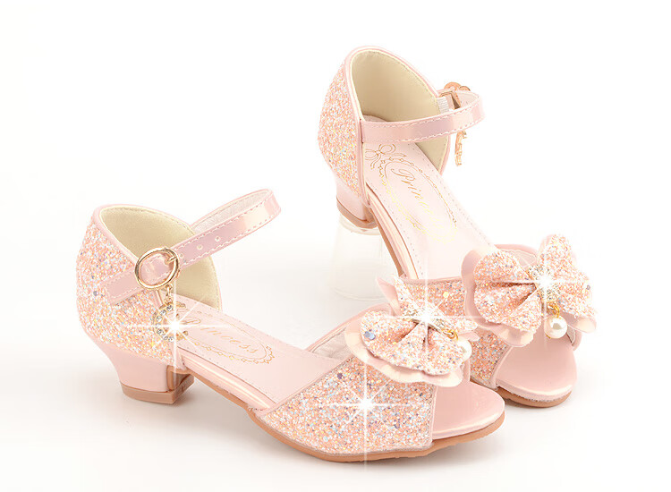 儿童蓝色高跟鞋夏季女童水晶凉鞋中小童细跟粉色女童鞋白色演出鞋sn